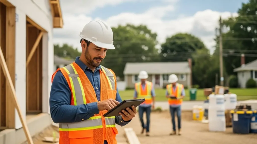 Professional contractor reviewing tablet at New Jersey residential construction site