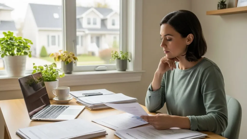 Small business owner reviewing insurance documents at organized home office desk