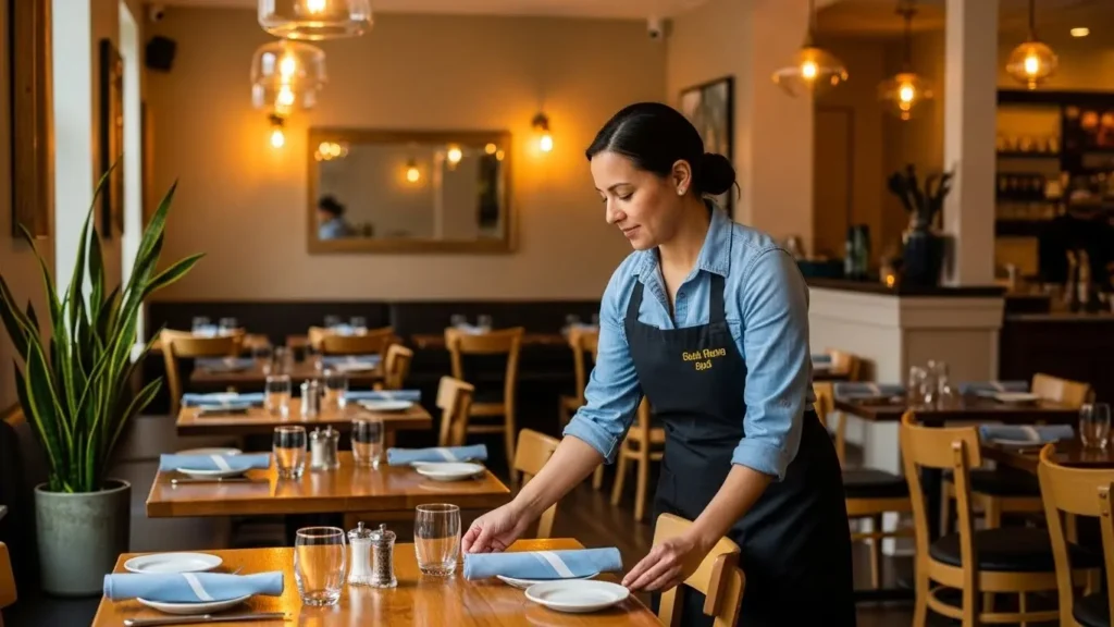 New Jersey restaurant owner preparing welcoming dining room for customers