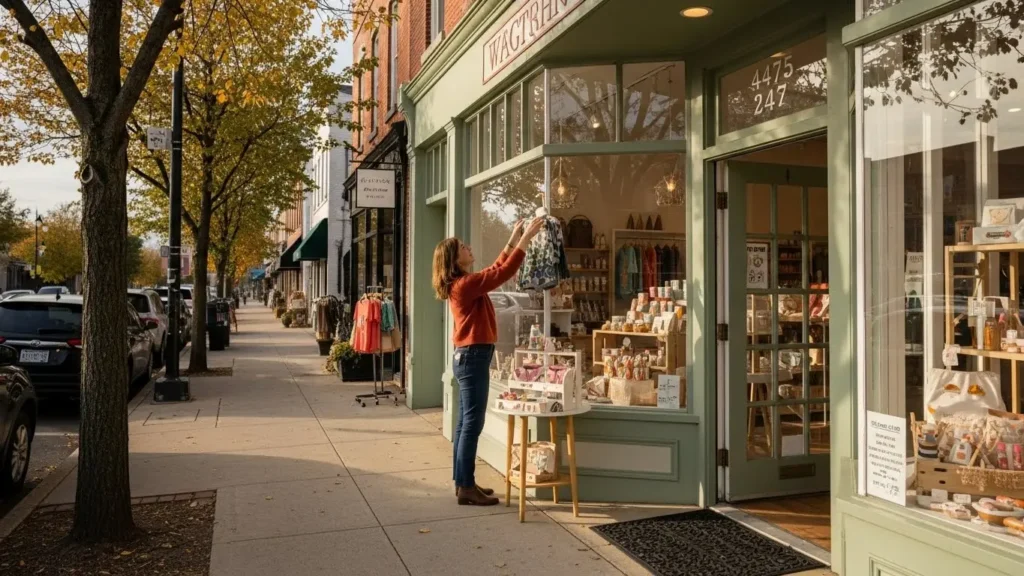 New Jersey boutique retail owner arranging merchandise display in storefront