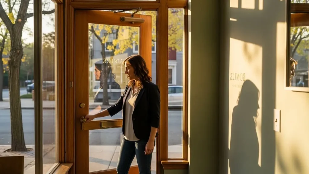 Small business owner opening shop door in early morning New Jersey sunlight