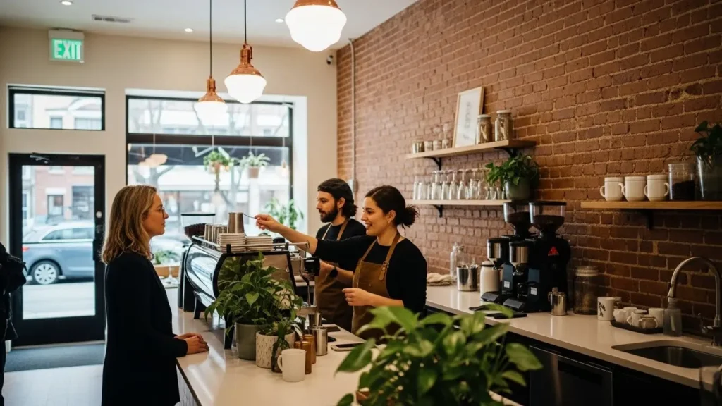 New Jersey coffee shop interior with barista serving customer at counter