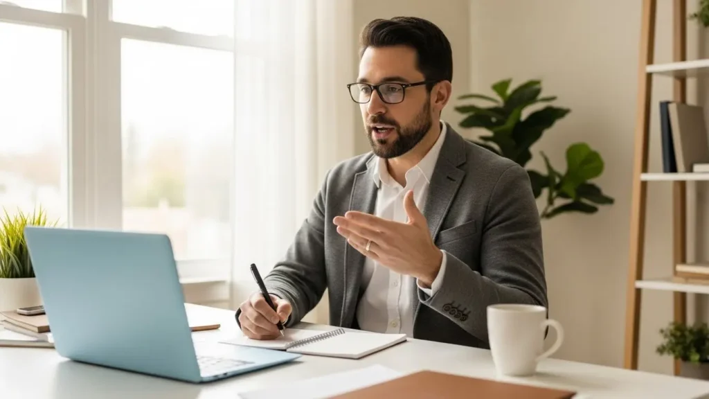 Small business owner on video call comparing insurance quotes in home office