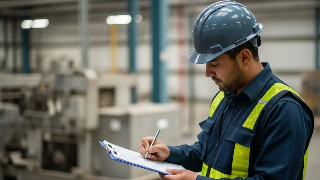 Safety supervisor completing workers compensation incident report at Pennsylvania workplace