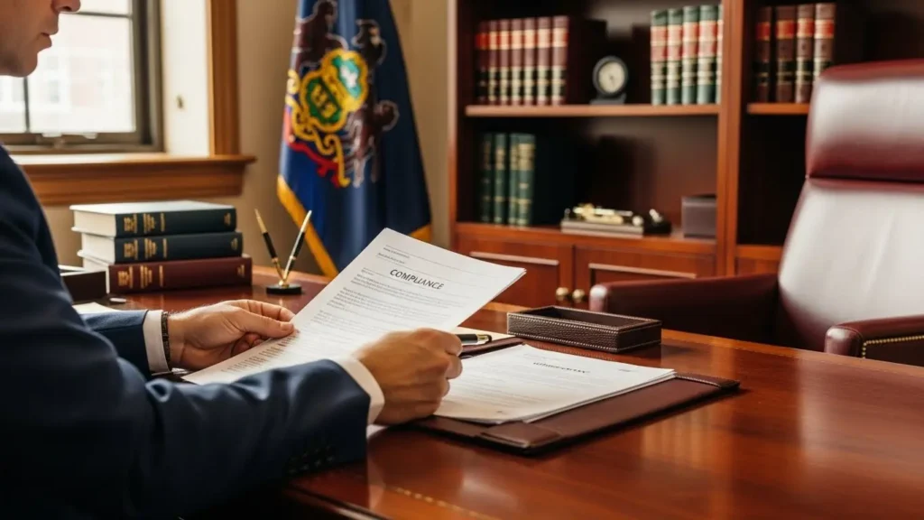 Business executive reviewing Pennsylvania workers compensation compliance documents