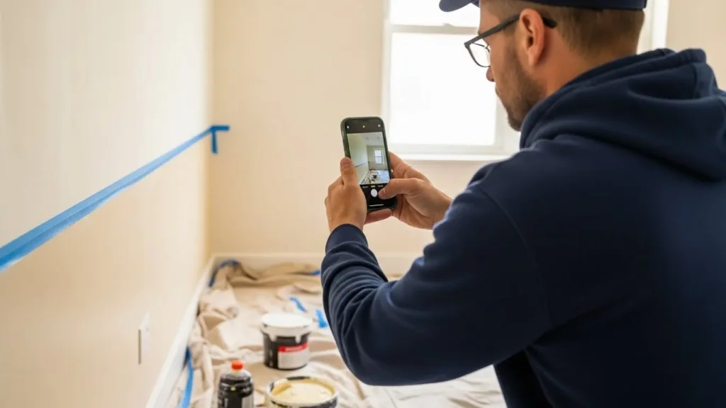 Professional painter photographing completed work with smartphone for documentation