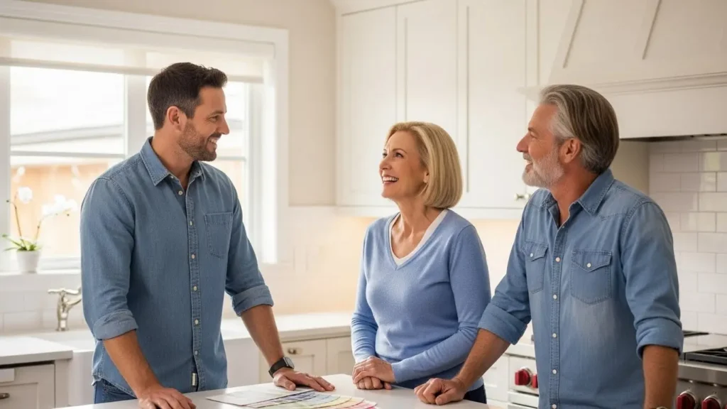 Professional painter discussing project with homeowners in bright modern kitchen