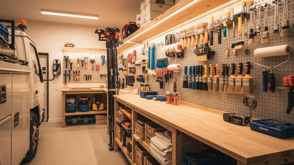 Professional painting equipment and tools organized in workshop garage space
