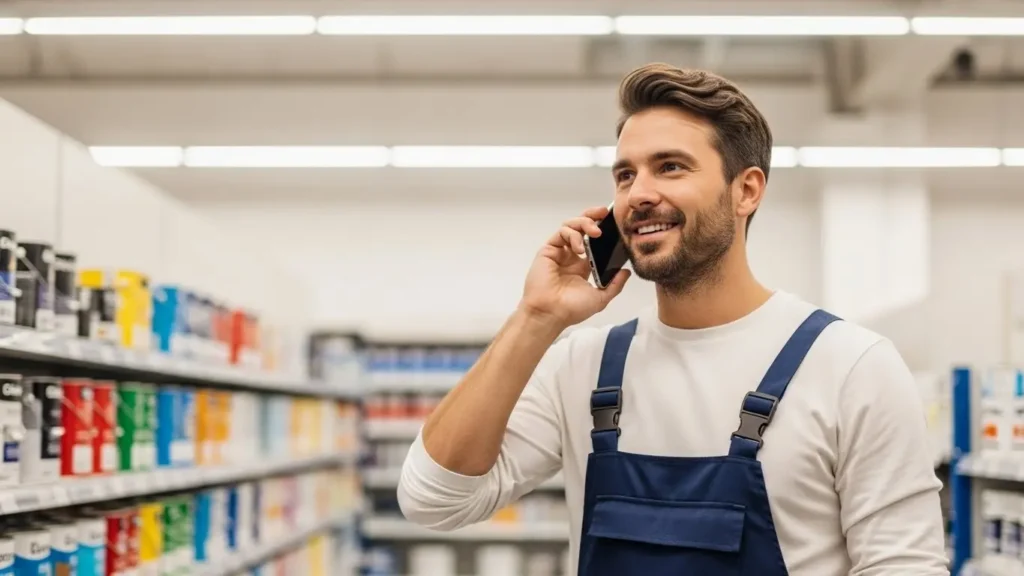 Professional painter making business phone call in paint supply store