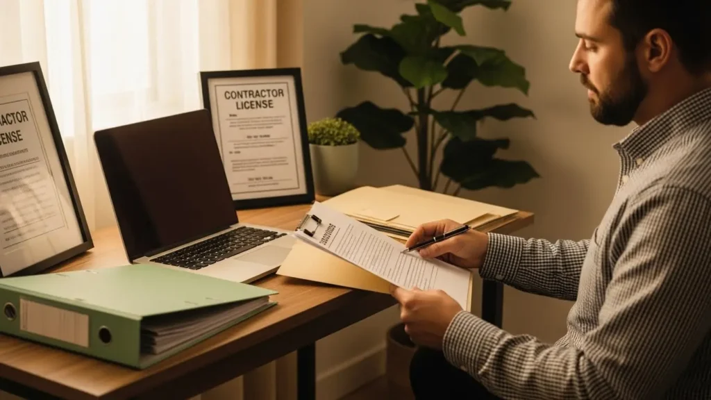 Painting contractor reviewing business compliance documents in organized home office