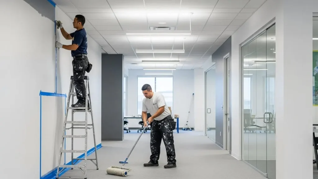 Two professional painters working together in modern commercial office space