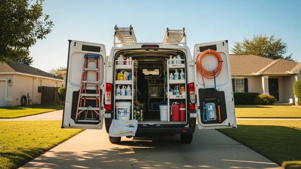 Professional painter's work van with organized equipment parked at residential job site