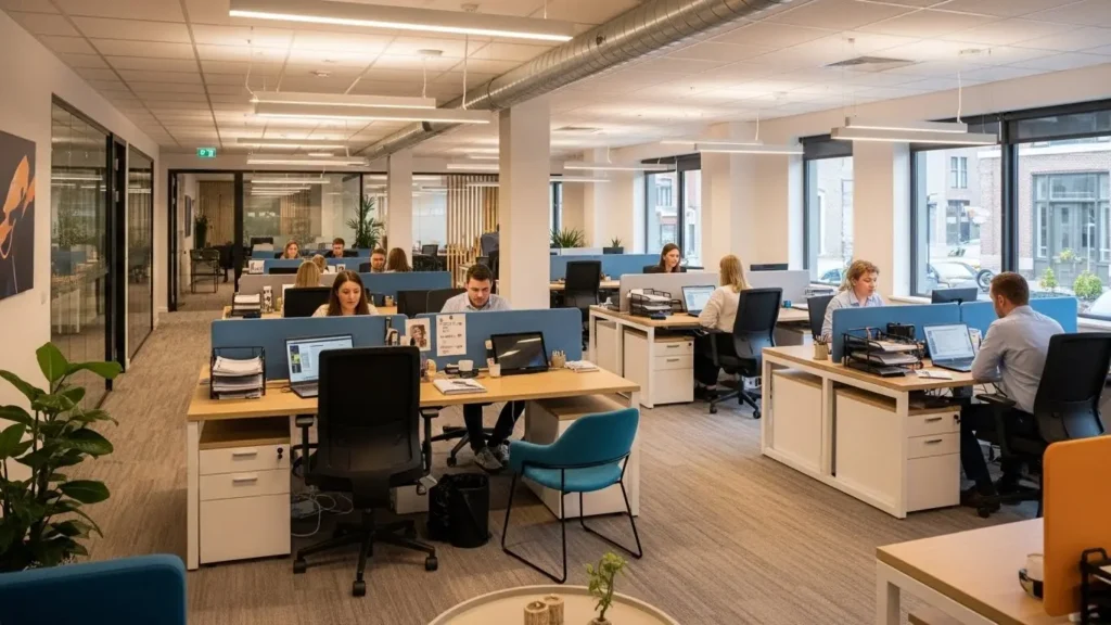 Modern professional services office with team members working collaboratively