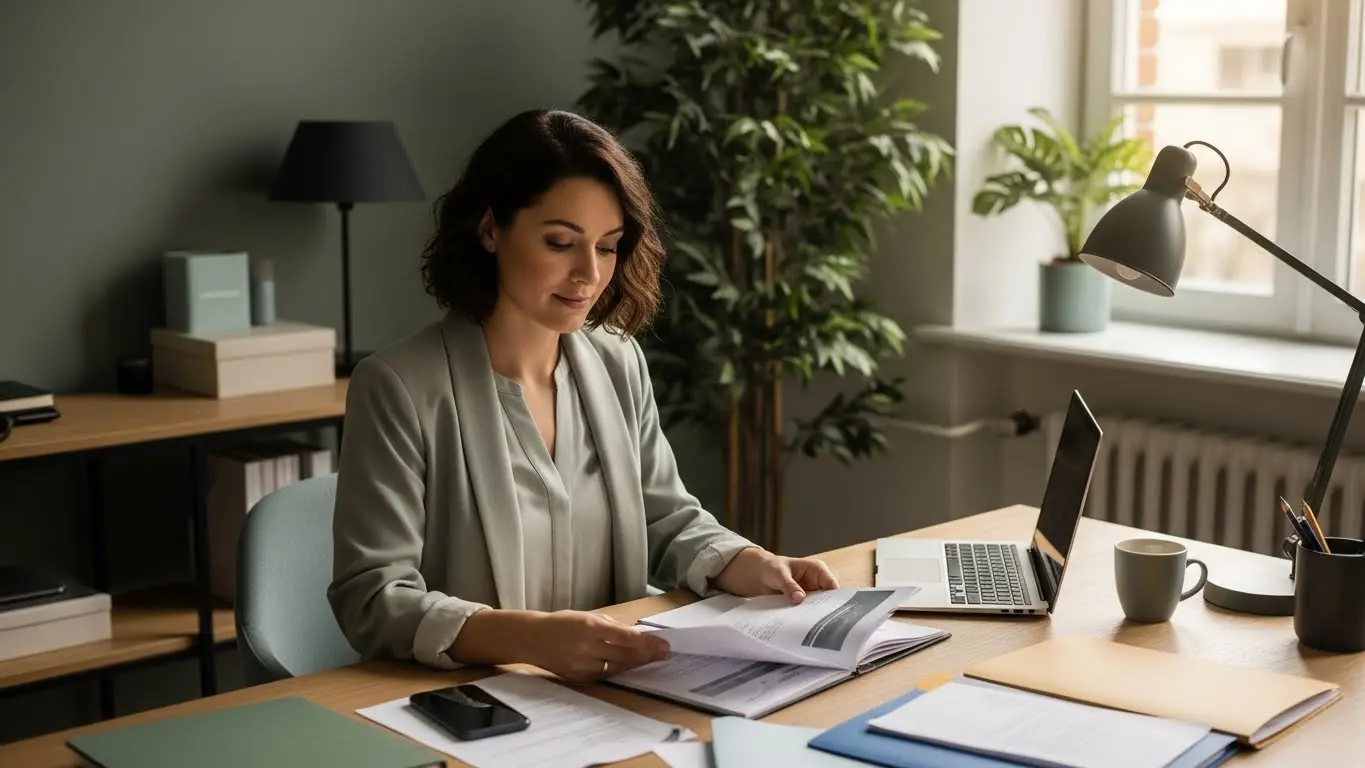 Professional consultant reviewing client documents in modern office workspace