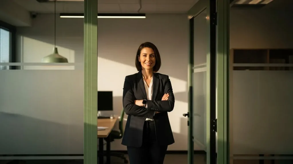 Confident professional standing in modern office doorway ready for business
