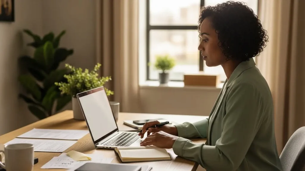Business owner researching professional liability insurance options on laptop
