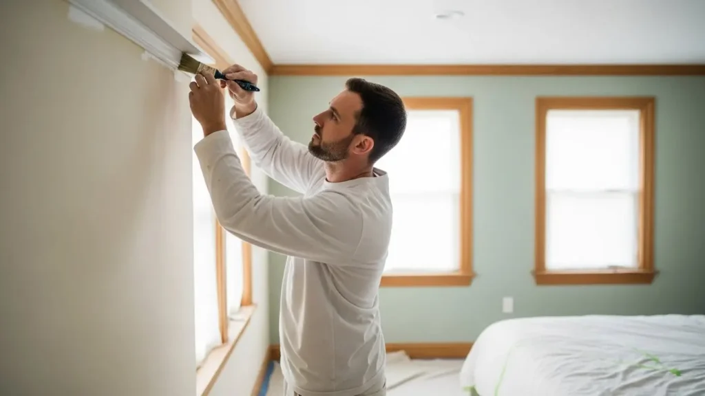 Professional painter carefully cutting in trim work in bright residential bedroom