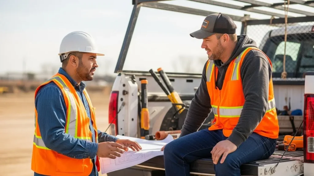 General contractor and subcontractor reviewing plans together at construction site