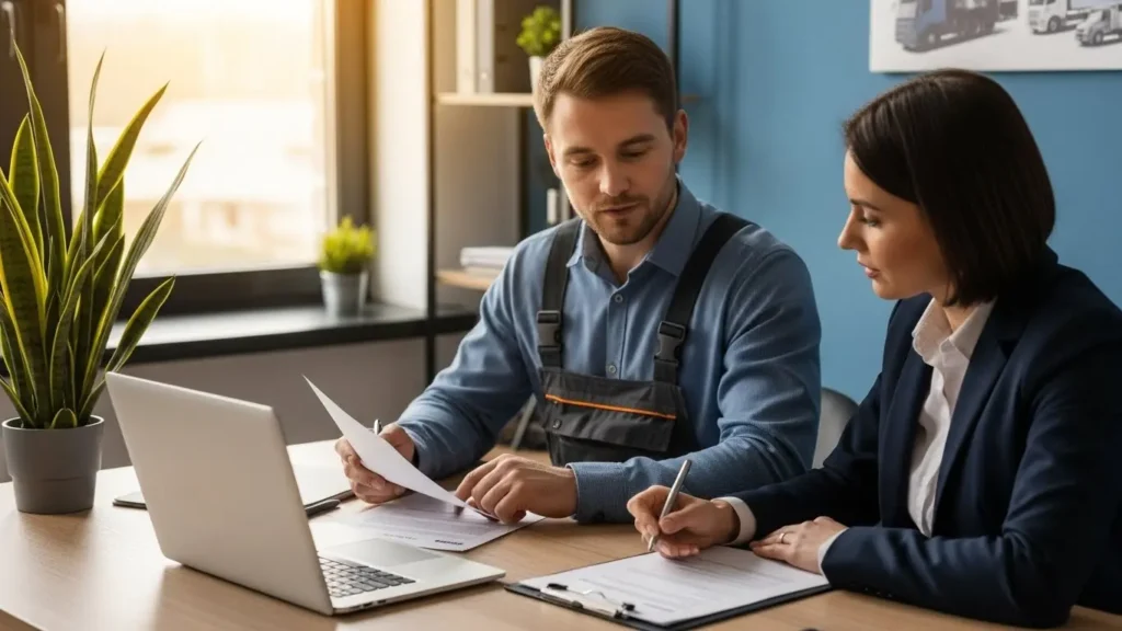 Trucking business owner and insurance advisor in professional consultation reviewing coverage documents together