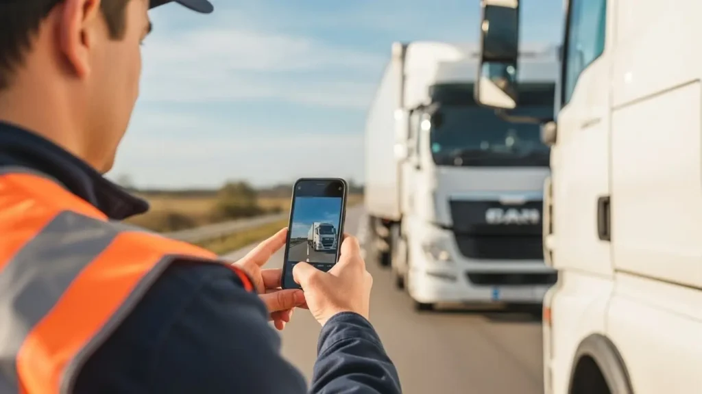 Professional truck driver using smartphone to document commercial vehicle for insurance claims process at roadside