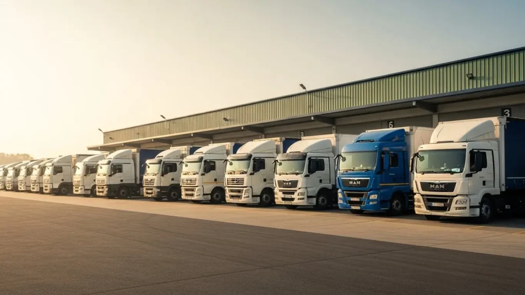 Professional fleet of commercial trucks lined up at modern trucking terminal during golden morning light