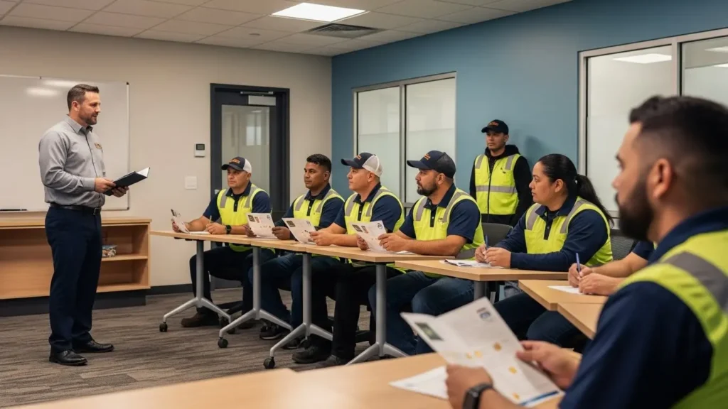 Professional driver safety training session with diverse commercial truck drivers engaged in fleet safety program