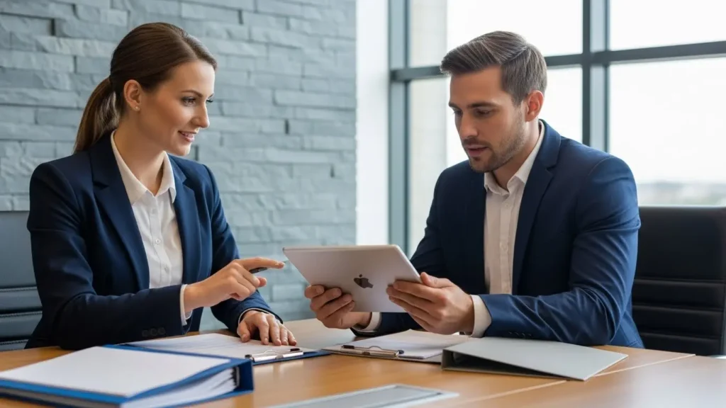 Business owner comparing umbrella insurance options with professional broker in meeting