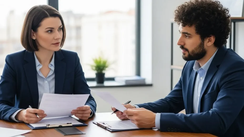 Claims professional and business owner discussing umbrella insurance claim resolution