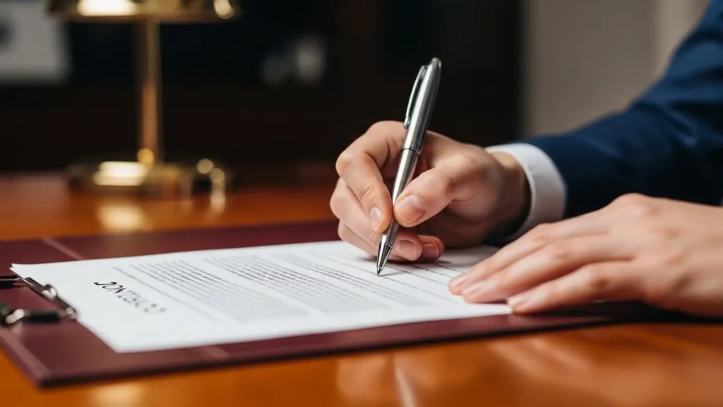 Professional signing umbrella insurance policy endorsement document at executive desk