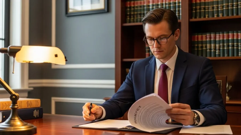 Insurance attorney reviewing umbrella policy documents in professional law office setting