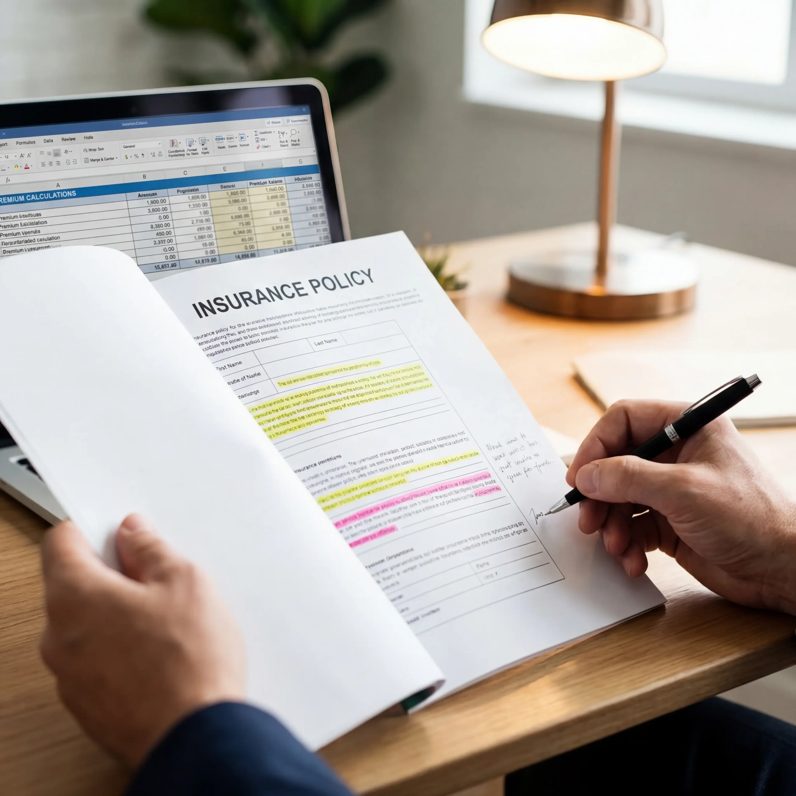Hands reviewing and annotating an insurance policy document with premium data visible