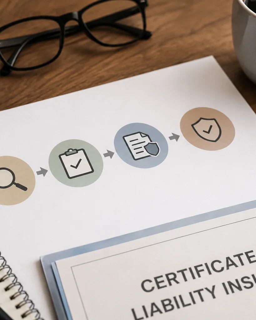 A process diagram on paper: review, checklist, document with shield, and a verified shield