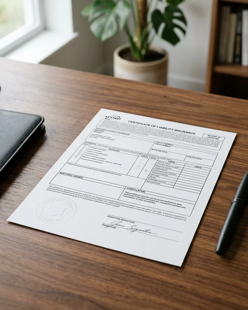 An ACORD-style Certificate of Liability Insurance form on a desk