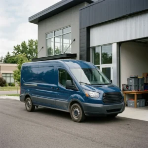 Commercial Property, BOP & Specialty hub hero, a tidy small-business premises with equipment or a parked work vehicle in soft natural light