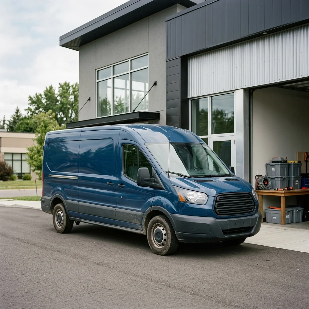 Commercial Property, BOP & Specialty hub hero, a tidy small-business premises with equipment or a parked work vehicle in soft natural light