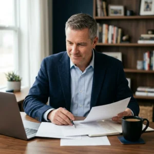 Costs, Quotes & Small-Business Basics hub hero, a small-business owner comparing insurance quotes on a laptop at a tidy desk in soft natural light