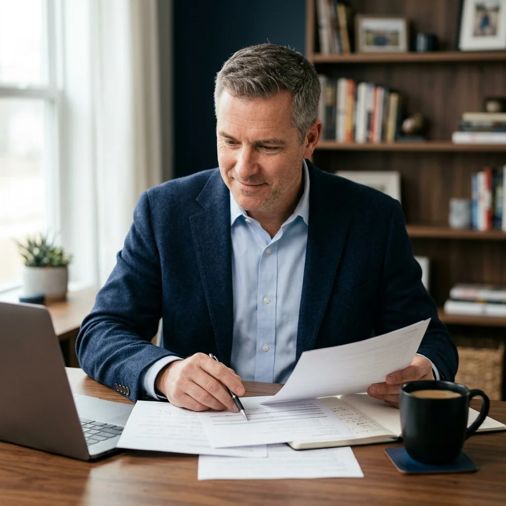 Costs, Quotes & Small-Business Basics hub hero, a small-business owner comparing insurance quotes on a laptop at a tidy desk in soft natural light