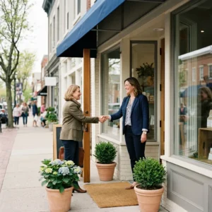 General Liability Insurance hub hero, a tidy small-business storefront with an owner greeting a customer in soft natural light