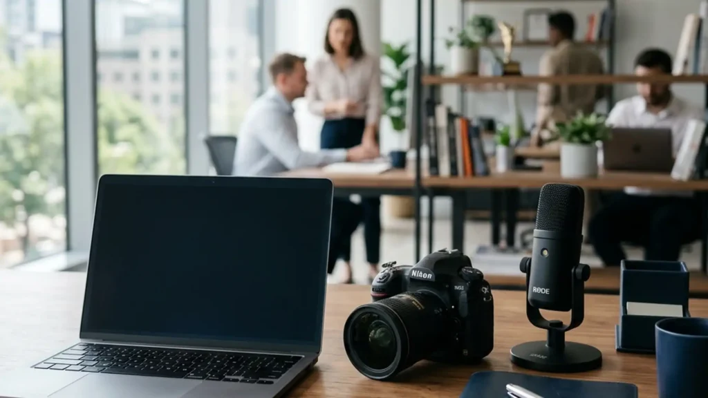 A media agency desk with laptop, camera and microphone, illustrating media liability insurance