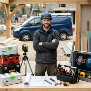 Contractors, a contractor standing by neatly organized tools on a tidy worksite