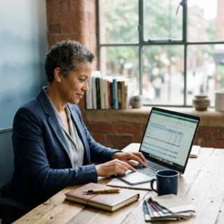 Cost, a small-business owner reviewing insurance costs on a laptop at a tidy desk