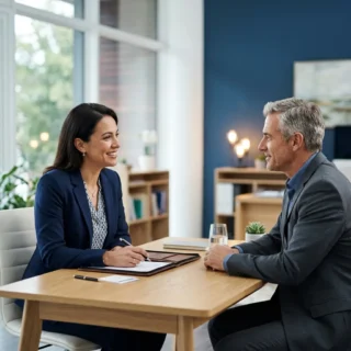 E&O, a consultant advising a client across a tidy desk