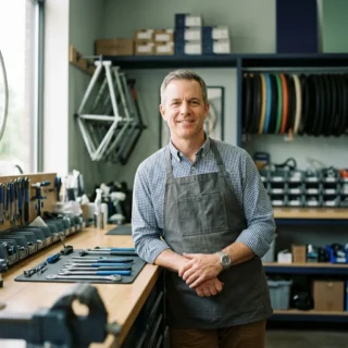 Small Business, a confident small-business owner standing in their tidy shop in soft natural light