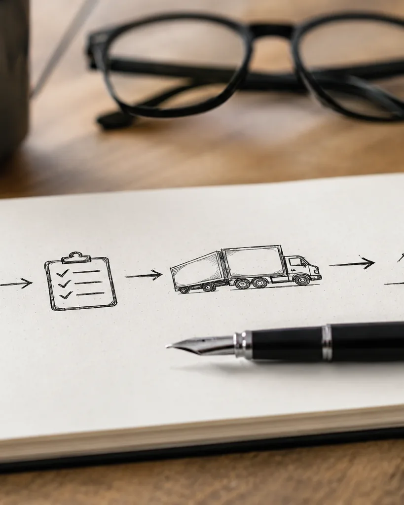 A desk with a model semi-truck, a tablet showing charts, a journal and glasses