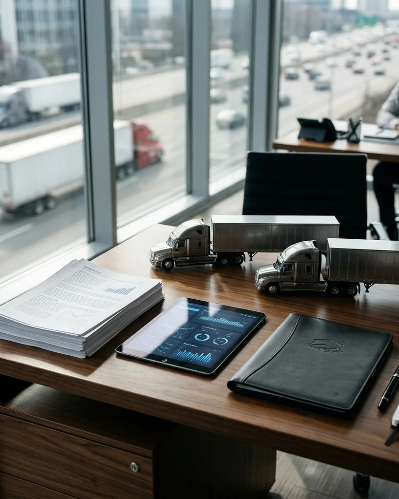 An office desk with model semi-trucks and policy documents overlooking a truck-filled highway