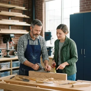 Workers' Compensation Insurance hub hero, a small-business owner and employee working together on a tidy worksite in soft natural light